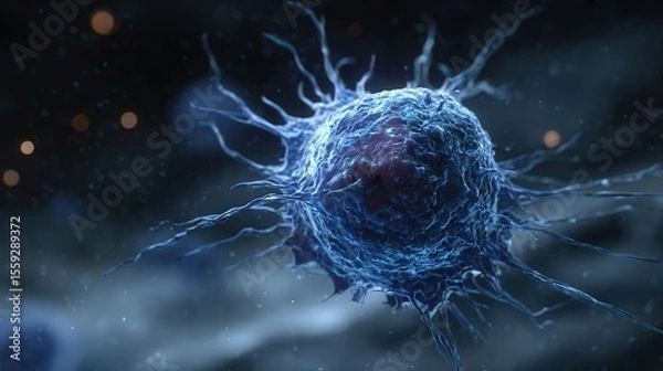 Fototapeta Highly detailed 3D blue cancer cell with cinematic lighting and dark shadows on a black background, showcasing realistic texture and volumetric effects.