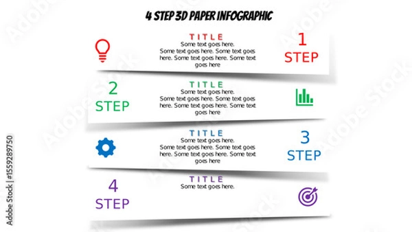 Fototapeta Modern 3D Layered Paper Infographic – 4 Step Editable PowerPoint Slide. Fully editable vector SVG file compatible with PowerPoint, Illustrator, and most vector-based applications.