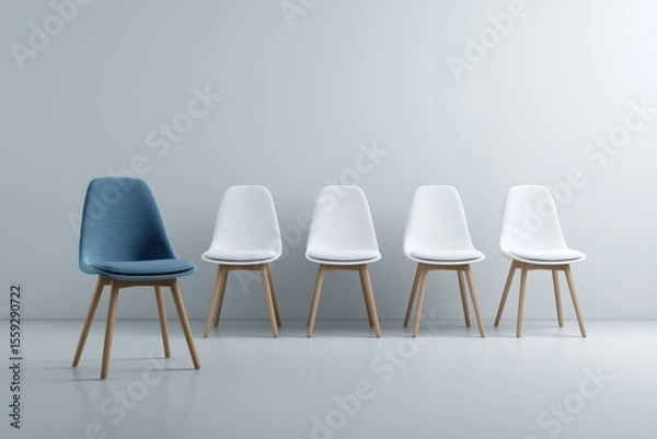 Fototapeta Unique blue chair amidst row of white chairs in minimalist setting