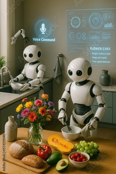 Fototapeta Futuristic Kitchen with Robot Assistants and Voice Command