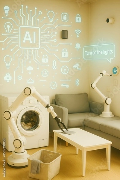 Fototapeta Smart Home Automation with AI and Robotic Assistance