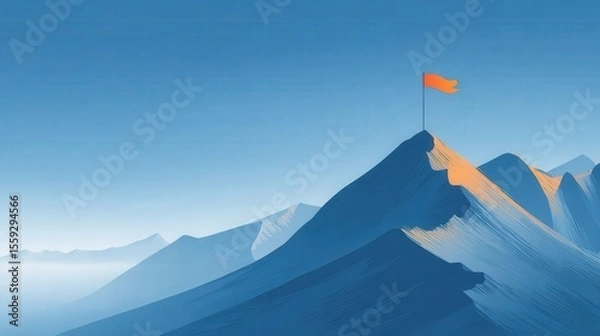 Fototapeta Minimalist illustration of a flag atop a mountain, featuring a blue color palette and simple shapes against a gradient background, conveying themes of achievement and exploration.