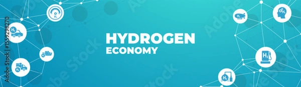 Fototapeta Hydrogen economy vector illustration. Concept with connected icons related to hydrogen use as fuel, in industrial processes, hydrogen storage and transport.