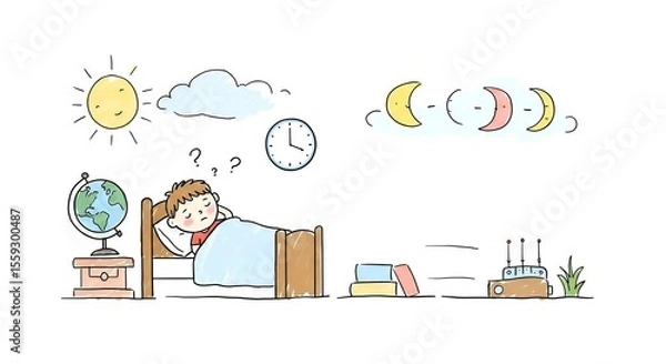 Fototapeta Boy waking up confused in bed with clock and globe in bedroom  