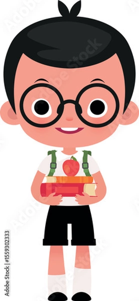 Obraz Elementary school student holding stack of books and apple flat vector illustration