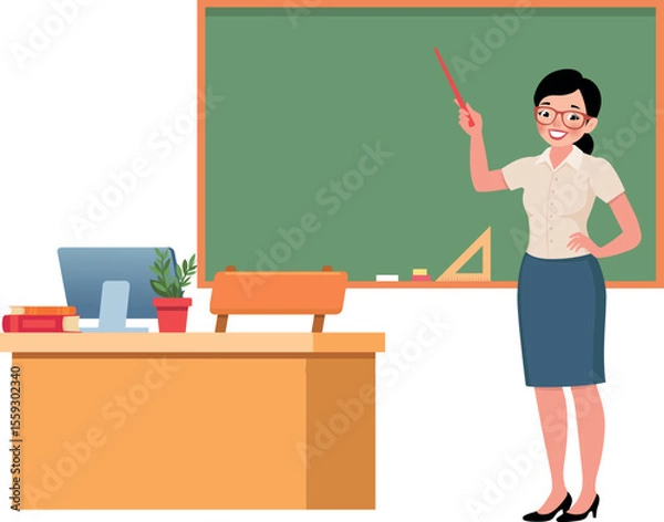 Obraz Female teacher at blackboard in classroom interior with desk and pointer