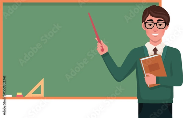 Obraz Male Teacher Explaining at Chalkboard with Pointer and Book