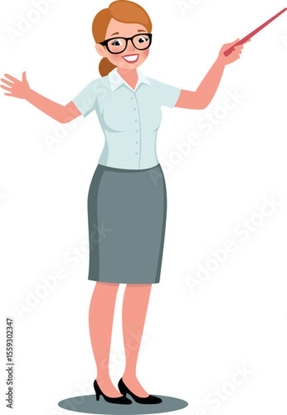 Fototapeta Vector illustration of a cheerful female teacher in a white blouse and grey skirt, holding a red pointer and smiling. Isolated on white background