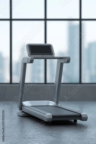 Fototapeta A treadmill is positioned in front of large windows in a modern interior setting. Fitness equipment indoors