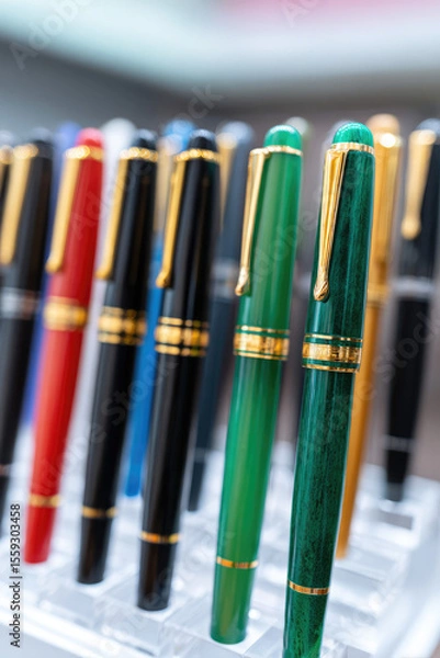 Fototapeta Fountain pens with gold accents are displayed upright in a rack. Writing instruments variety and color