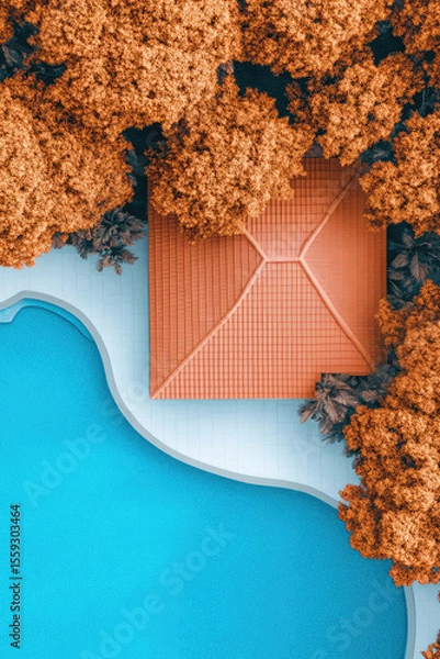 Fototapeta A terracotta-roofed building is surrounded by orange trees next to a blue pool. Aerial view, color contrast, modern architecture