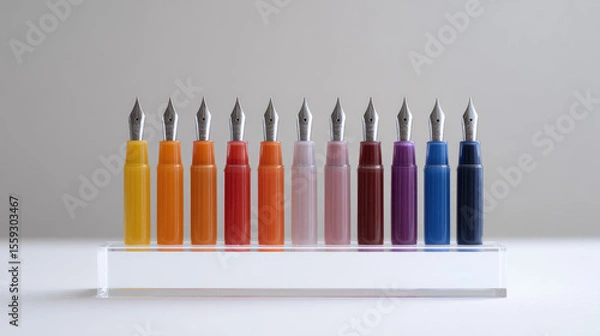Fototapeta Rows of colorful fountain pen nibs are neatly arranged in holders. Concept: Creativity, organization, stationery