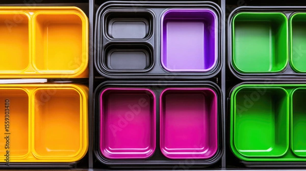Fototapeta Colorful plastic food containers are neatly arranged in a grid-like pattern. Vibrant order and organization