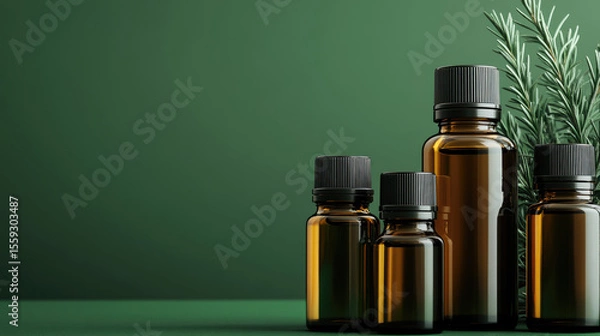 Fototapeta Brown glass bottles with black caps are arranged in a row next to sprigs of rosemary. Concept: aromatherapy, natural products, wellness