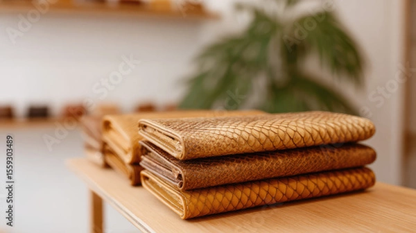 Fototapeta Folded brown leather items are stacked neatly on a wooden table in a bright room. 