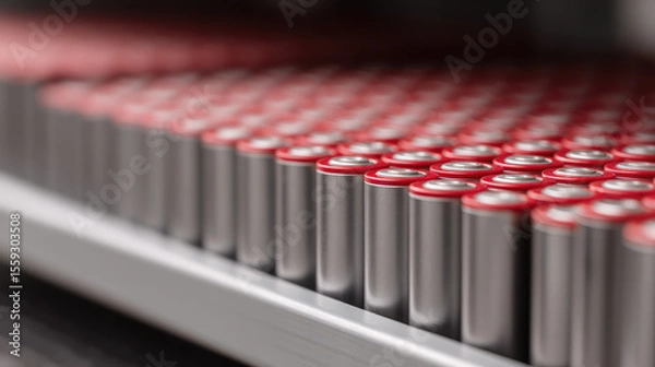 Fototapeta Silver cylindrical batteries with red tops are lined up in rows on a shelf. Concept: energy storage, technology