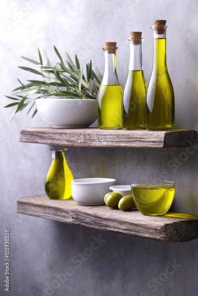 Fototapeta Bottles of olive oil and a bowl of olives sit on rustic wooden shelves with an olive branch in the background. Mediterranean cuisine and cooking ingredients