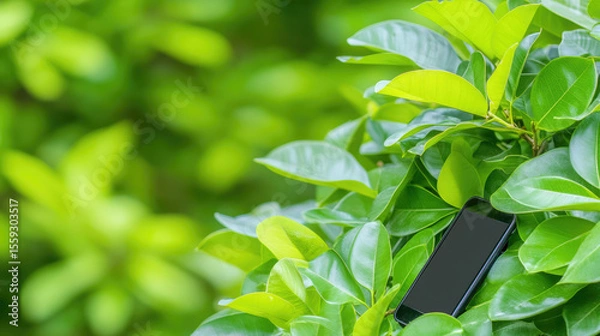 Fototapeta A smartphone is nestled among vibrant green leaves. The concept is nature and technology integration