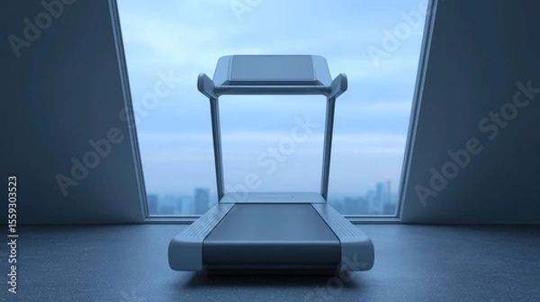 Fototapeta Treadmill placed in front of large windows with a city view in the background. Fitness equipment, modern interior, urban lifestyle