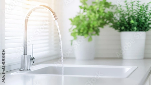 Fototapeta Water flows from a sleek kitchen faucet into a white sink with potted green plants in the background. Clean and minimal kitchen space