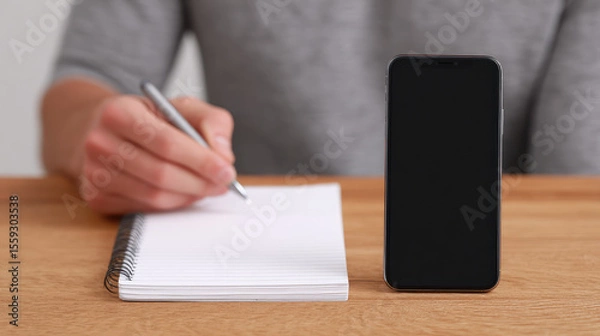 Fototapeta A person writes in a notebook with a smartphone placed on a wooden table. Productivity and technology