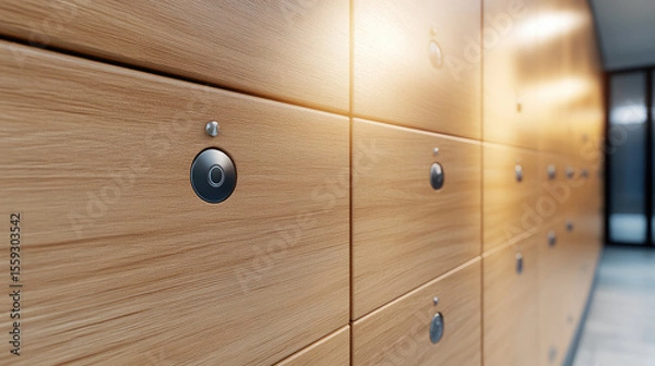 Fototapeta Wooden lockers are lined along a hallway, their locks illuminated by soft light. Storage, organization, interior, simplicity
