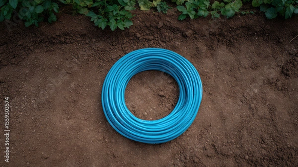 Fototapeta A blue coil of irrigation hose is placed on the brown soil near some green plants, ready for use. Gardening equipment and preparation