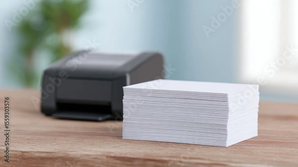Fototapeta A stack of blank paper is on a wooden desk with a blurry black printer in the background. Office supplies, printing, and workspace concept