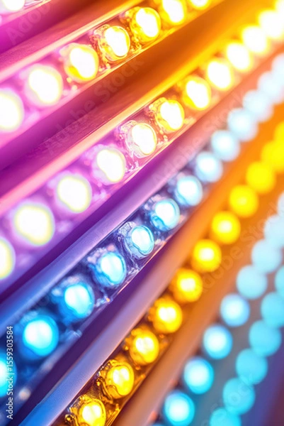 Fototapeta Colorful LED lights arranged in diagonal rows, emitting vibrant hues of blue, yellow, and orange. Bright, electrifying illumination
