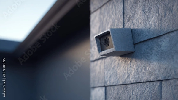 Fototapeta Security camera mounted on a stone wall, angled to the left. Home surveillance technology concept