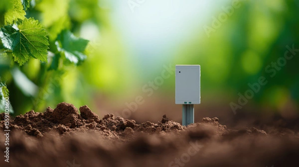 Fototapeta A small sensor is placed in a field among green plants to monitor soil conditions. Agriculture technology, smart farming, environmental monitoring
