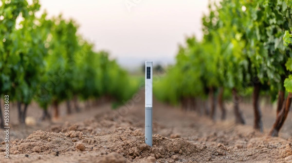 Fototapeta Sensor placed in the soil between vineyard rows, monitoring environment. Technology in agriculture, precision farming concept
