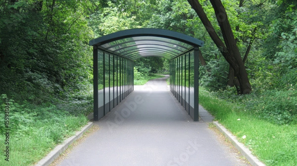 Fototapeta A covered walkway stretches through a lush green park, surrounded by trees. Tranquil pathway in a park