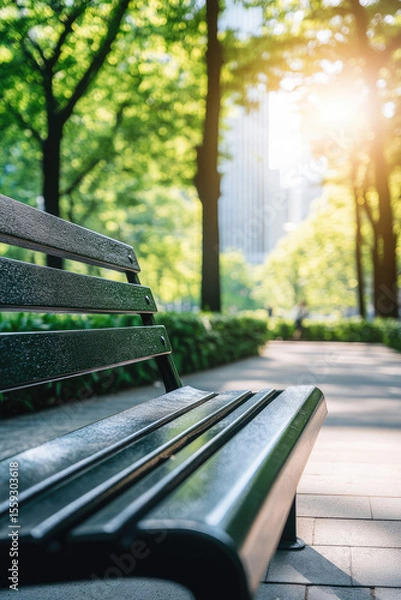 Fototapeta A wooden bench is placed along a pathway in a sunlit, lush green park. Tranquility, nature, relaxation
