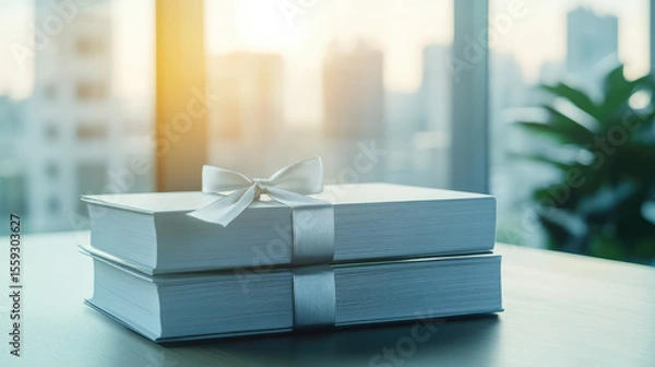 Fototapeta Books tied with a ribbon sit on a table near a window with a cityscape in the background. Concept: gift, knowledge, education, elegance