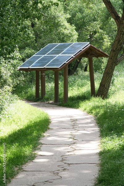 Fototapeta Solar panels mounted on a wooden structure stand beside a winding path in a lush green forest. Renewable energy in nature setting