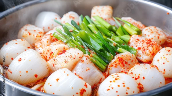 Fototapeta Onions and green vegetables with spices are arranged in a pot, likely in the process of cooking. Savory, spicy dish preparation