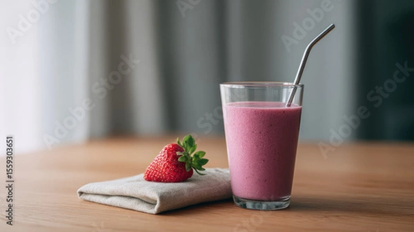 Fototapeta A glass of pink smoothie with a metal straw sits on a wooden table next to a fresh strawberry atop a folded napkin. Refreshing beverage and fruit