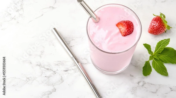 Fototapeta A glass of pink strawberry smoothie with a metal straw sits on a marble surface, accompanied by a fresh strawberry and mint leaves. Refreshing beverage concept