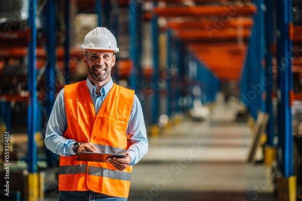 Fototapeta Warehouse manager using tablet and smiling in large distribution center