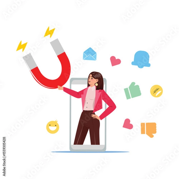 Fototapeta Vector of businesswoman with magnet pulling likes, messages, and notifications from smartphone