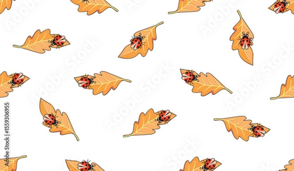 Fototapeta Autumn seamless pattern with cartoon ladybug. Cute insect sits on a falling leaf. Yellow, orange, red, pink colors on white background. Vector design for textile, wallpaper, cover, wrapping paper.