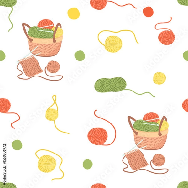 Fototapeta Knitting seamless pattern with skeins of yarn, basket with threads, knitting needles and knitwear. Green, yellow, red, brown colors on white background. Vector cartoon design for textile, wallpaper.