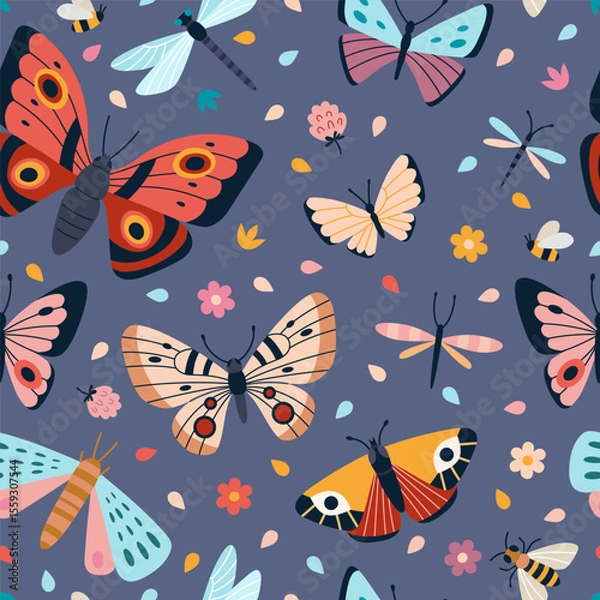 Fototapeta Seamless pattern with butterflies, dragonflies and wildflowers. Colorful design for textile, wrapping paper or summer themed products. Vector illustration on blue background, hand drawn, flat