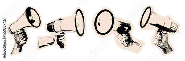 Fototapeta Megaphones held by hands grunge vintage retro style, representing communication, announcement, and amplification.