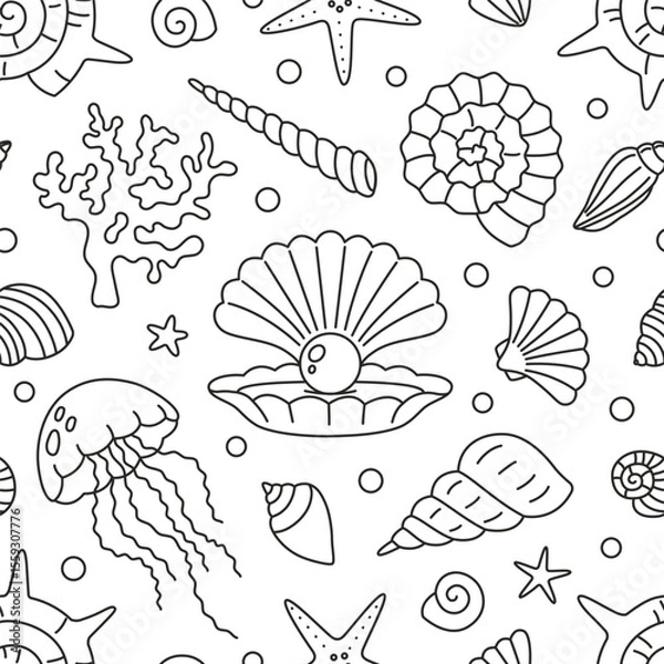 Fototapeta Seamless pattern with linear ocean elements like shells, jellyfish and  starfish. Elegant monochrome marine background. Vector illustration on transparent background, editable stroke, hand drawn