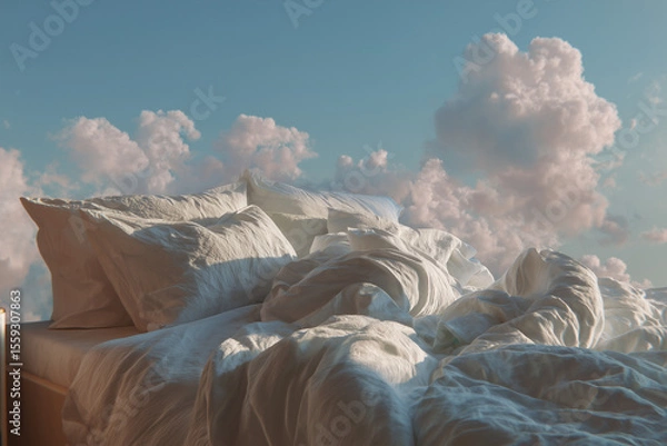 Fototapeta Bed with white bedding linens in white clouds as a concept for a serene and comfortable sleep