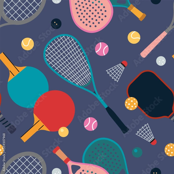 Fototapeta Seamless pattern with rackets, paddles and balls for various sports. Dynamic and fun design for summer games or active lifestyle products. Vector illustration on blue background, hand drawn, flat