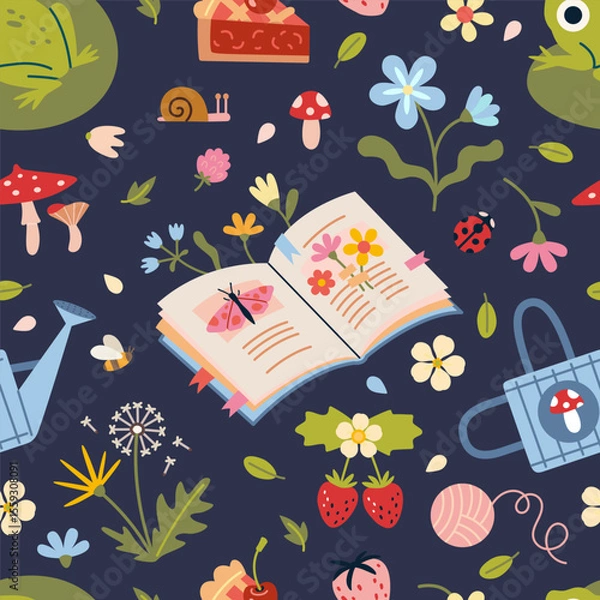 Fototapeta Cute Seamless pattern with book, flowers, frog, watering can, mushrooms and strawberries. Whimsical garden design for summer themes. Vector illustration on dark background, hand drawn, flat