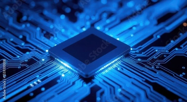 Fototapeta Close up of a glowing blue circuit board with a central processor chip